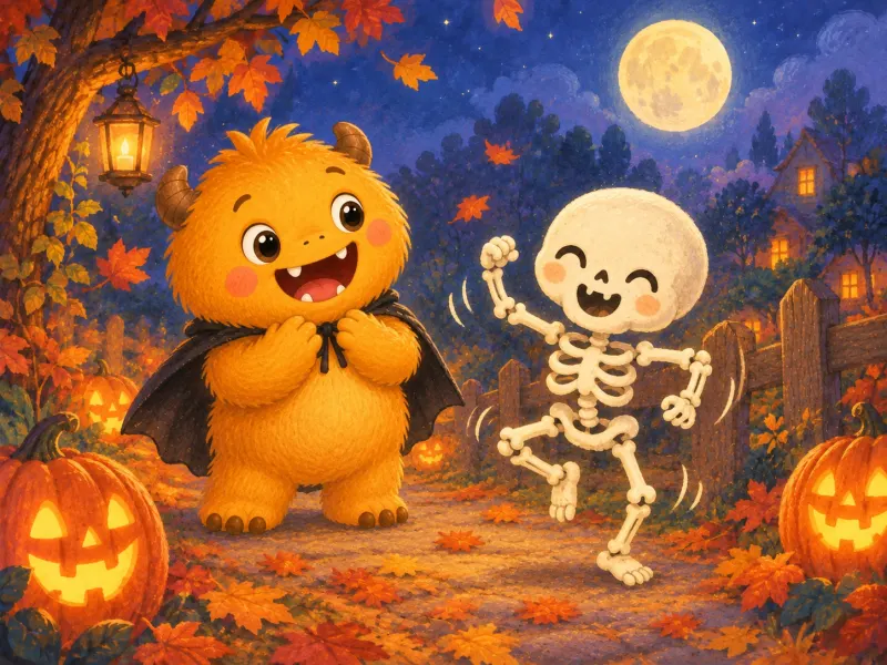 Veselá malá kostra tancuje pri plote, zatiaľ čo Yawnkin sa na halloweensku noc pozerá