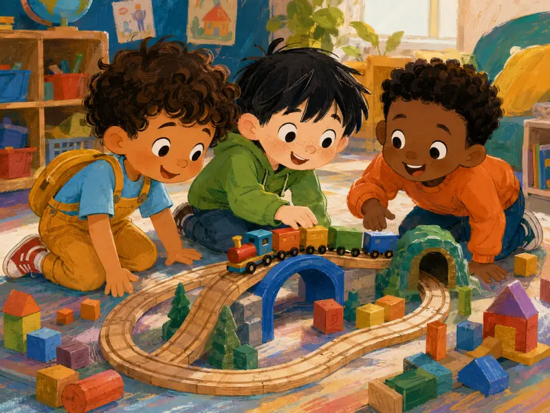 Milo, Toby, and Finn build a long wooden train track together.