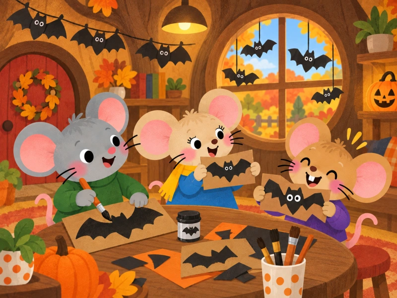 The mice paint black cardboard bats to decorate their house