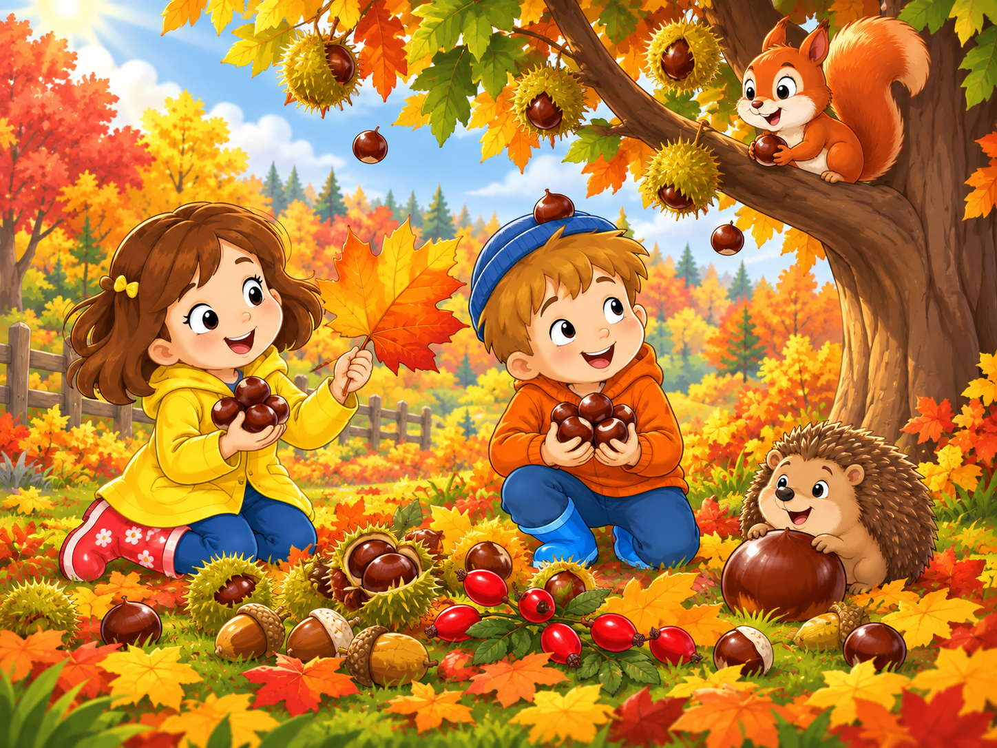 The friends find shiny chestnuts, acorns, rose hips, and a giant leaf.