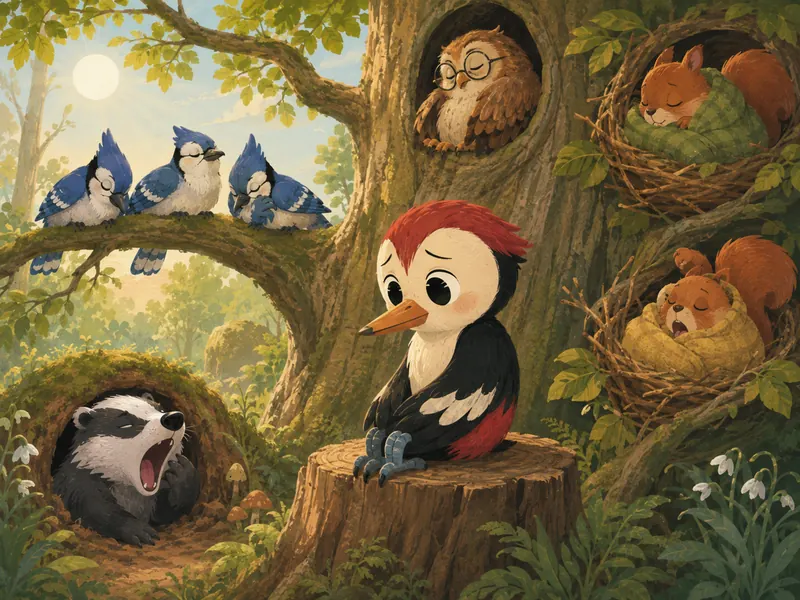 Danny sits quietly while the forest animals oversleep late into the morning.