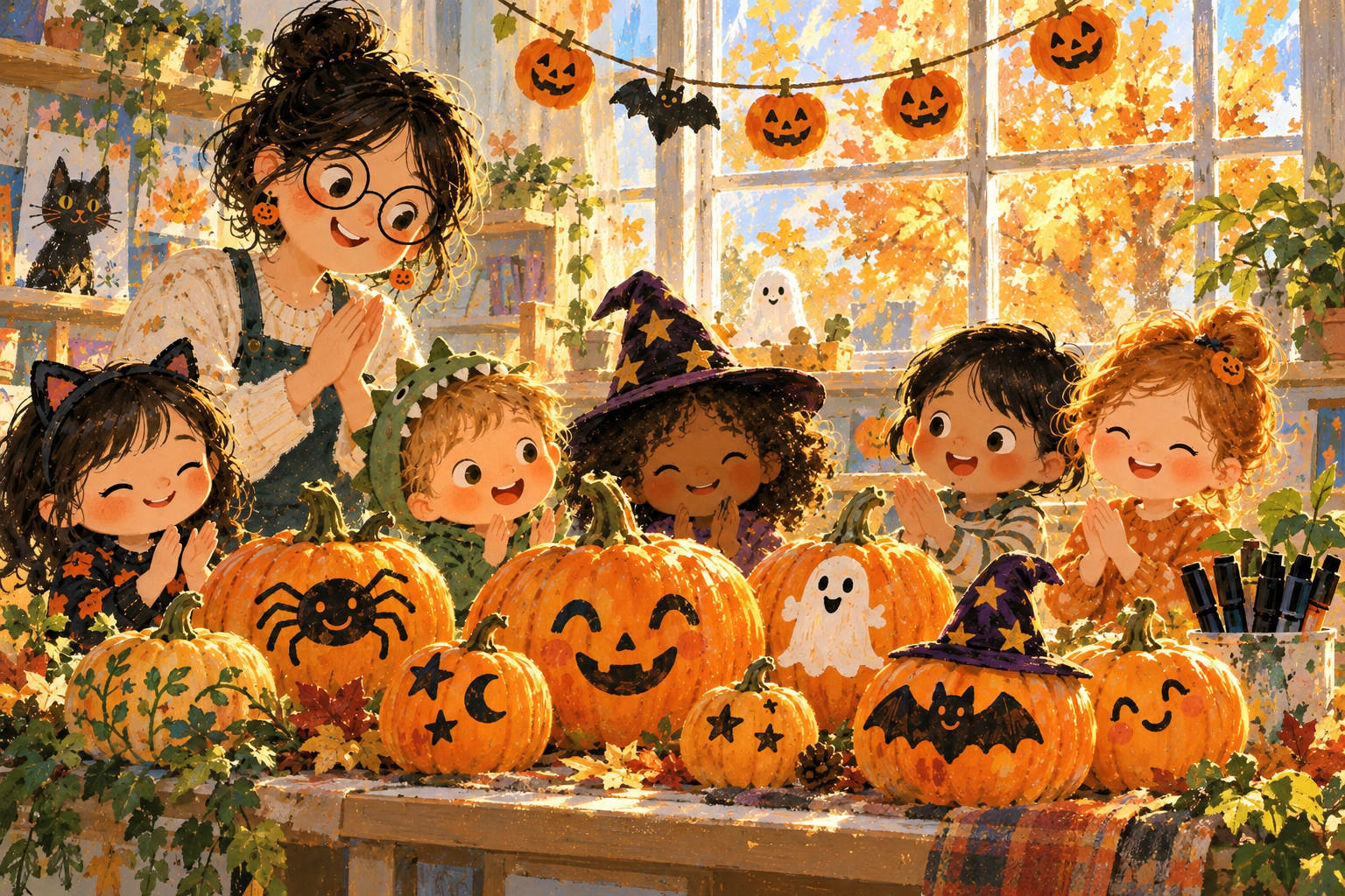 The decorated pumpkins sit together by the preschool window like a Halloween pumpkin family.