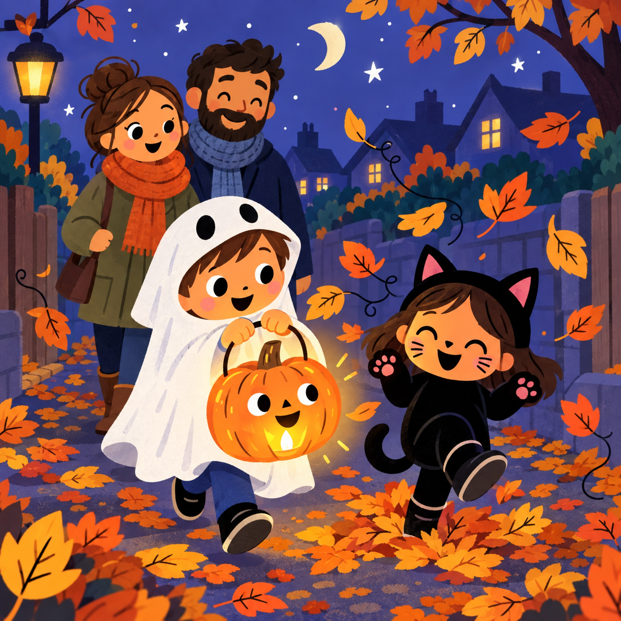 Ollie carries the glowing Tappy lantern while Suzy steps through autumn leaves on a blue Halloween evening.