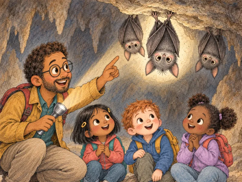 Three bats hang upside down by their special feet while Mr. Robbie explains how they rest.