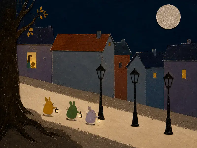 The three Little Lamplings tip-tap quietly toward the dark streetlamps.