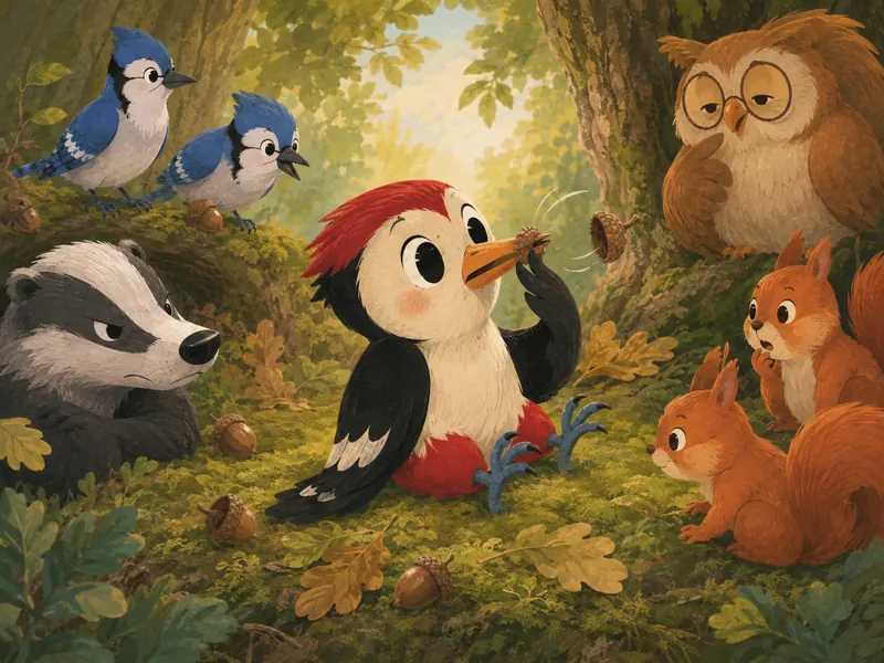 Danny tries an acorn cap on his broken beak, but it tumbles off.
