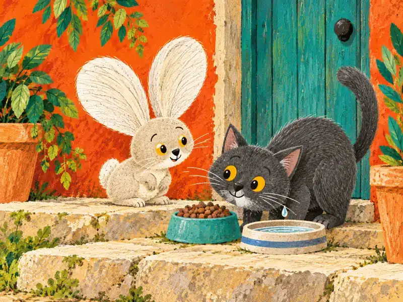 Cat eats from a food bowl and drinks water while Zajo watches from the doorstep.