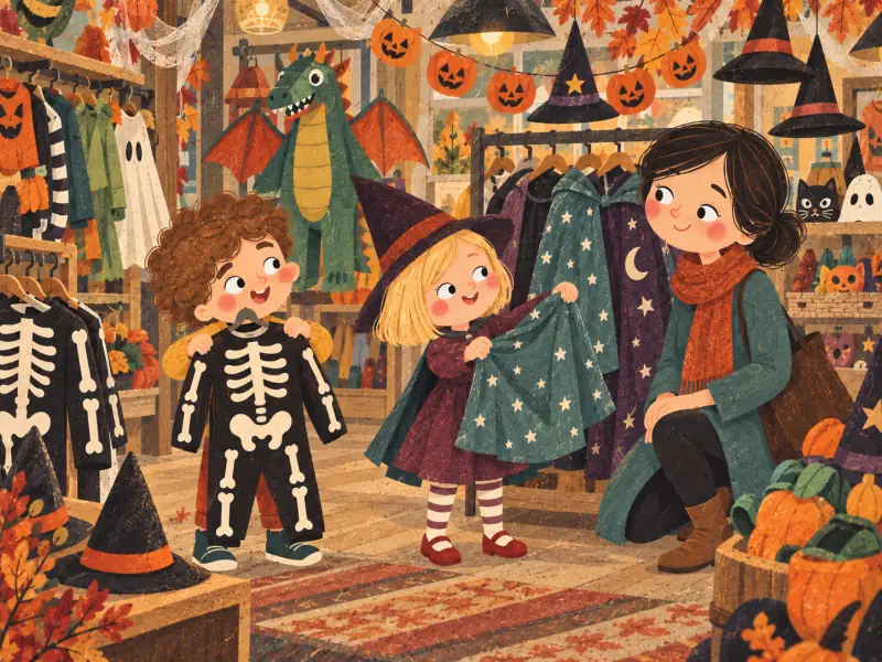 Brian choosing a skeleton costume and Mia choosing a starry witch cape in the costume shop
