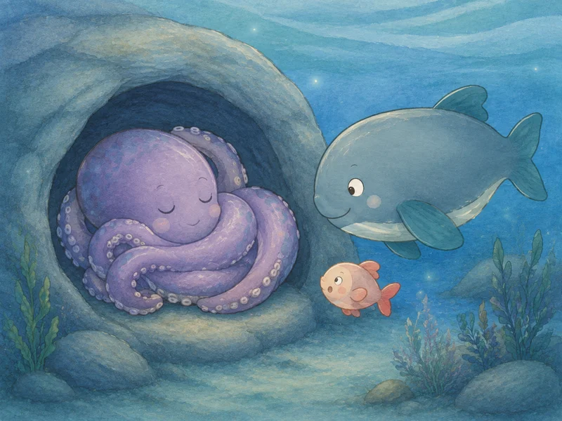 An octopus sleeps in a rocky nook as Pearl yawns.