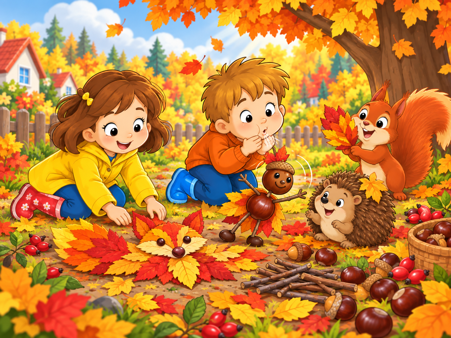 Nina and Timo make King Chestnut and a fox from colorful leaves.