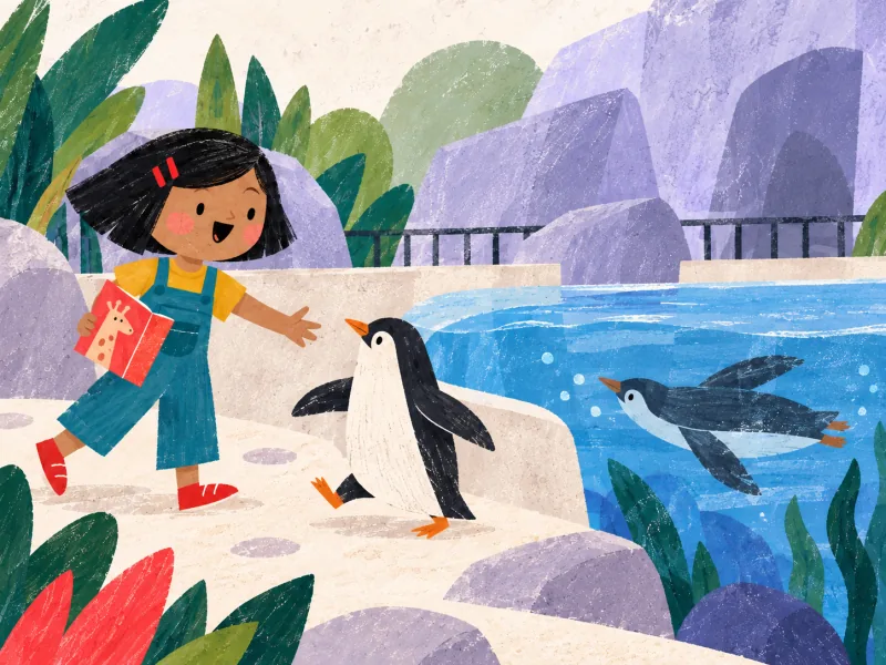 Un pingüino camina balanceándose junto a Mia mientras otro nada en una piscina de agua azul y clara.