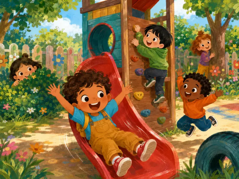 Milo and his new friends laugh and play together on the preschool playground.