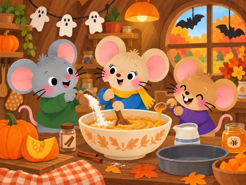 The three mice mix pumpkin, flour, cinnamon, milk, and honey for a cake