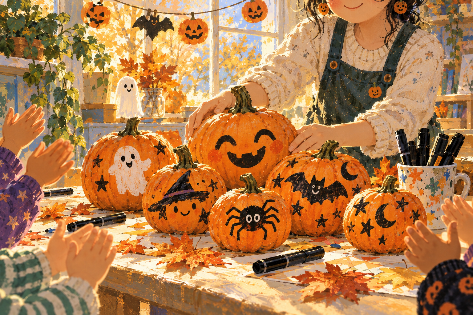 Finished Halloween pumpkins, black markers, and smiling children celebrate a creative preschool activity.
