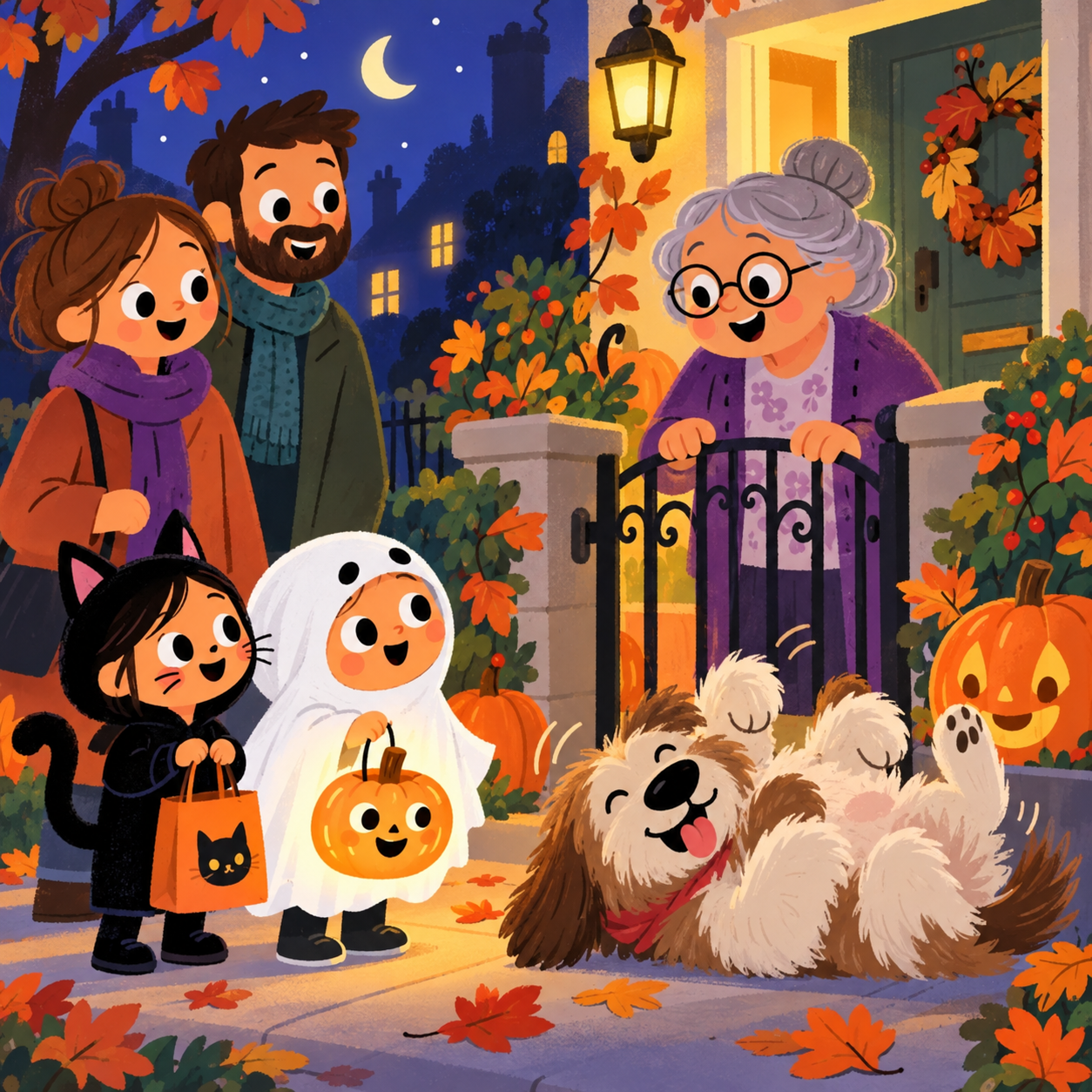 Mrs. Rosalie greets Ollie and Suzy at the gate while Rufus the shaggy dog rolls over happily.