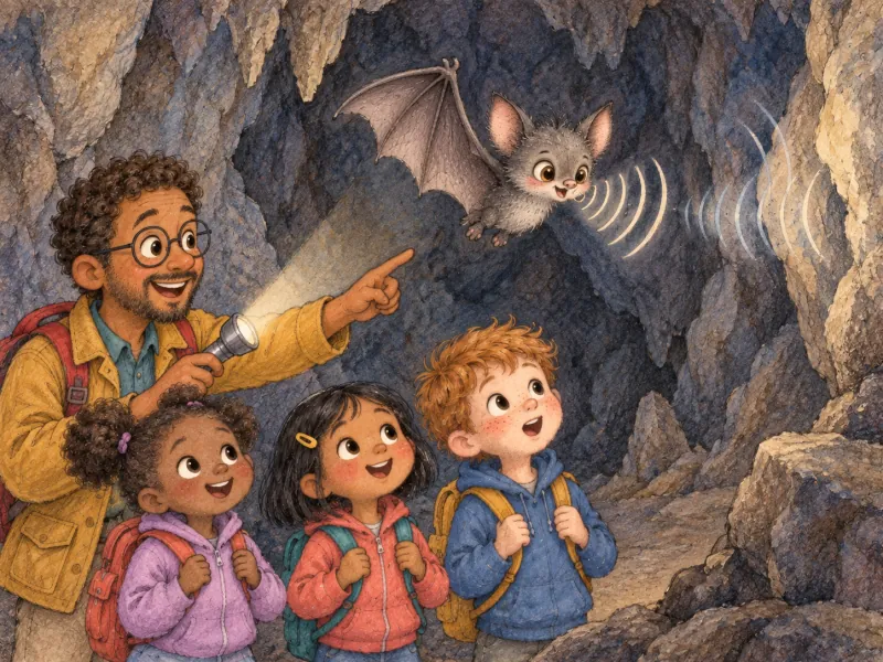A bat flies through the cave using echolocation while Mr. Robbie and the children watch.