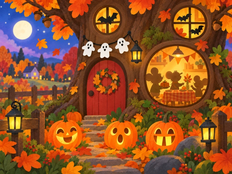 The decorated oak-tree house glows with pumpkin lanterns at Halloween dusk