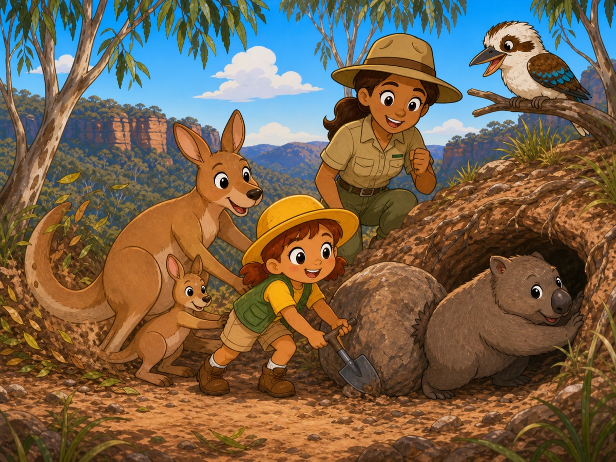 Tilly, Auntie Kylie and the animals help Wally the wombat move a stone from his burrow.