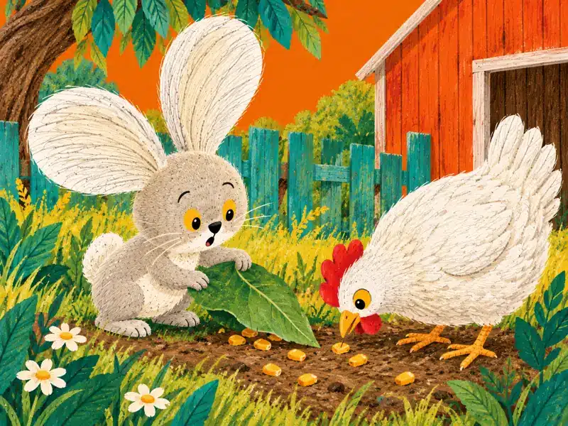 Hen pecks golden corn while Zajo lifts a green leaf to find a hidden kernel.