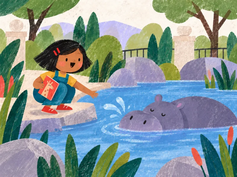Mia sonríe a un hipopótamo somnoliento que se refresca en el agua con un suave chapuzón.