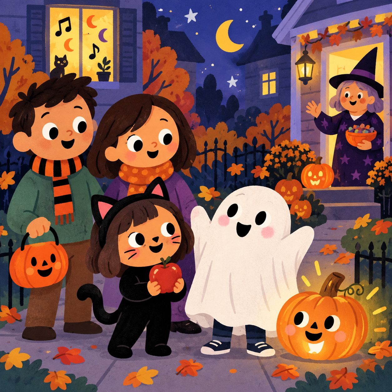 Suzy holds a shiny red apple during the Halloween walk while Ollie stands proudly near glowing pumpkins.