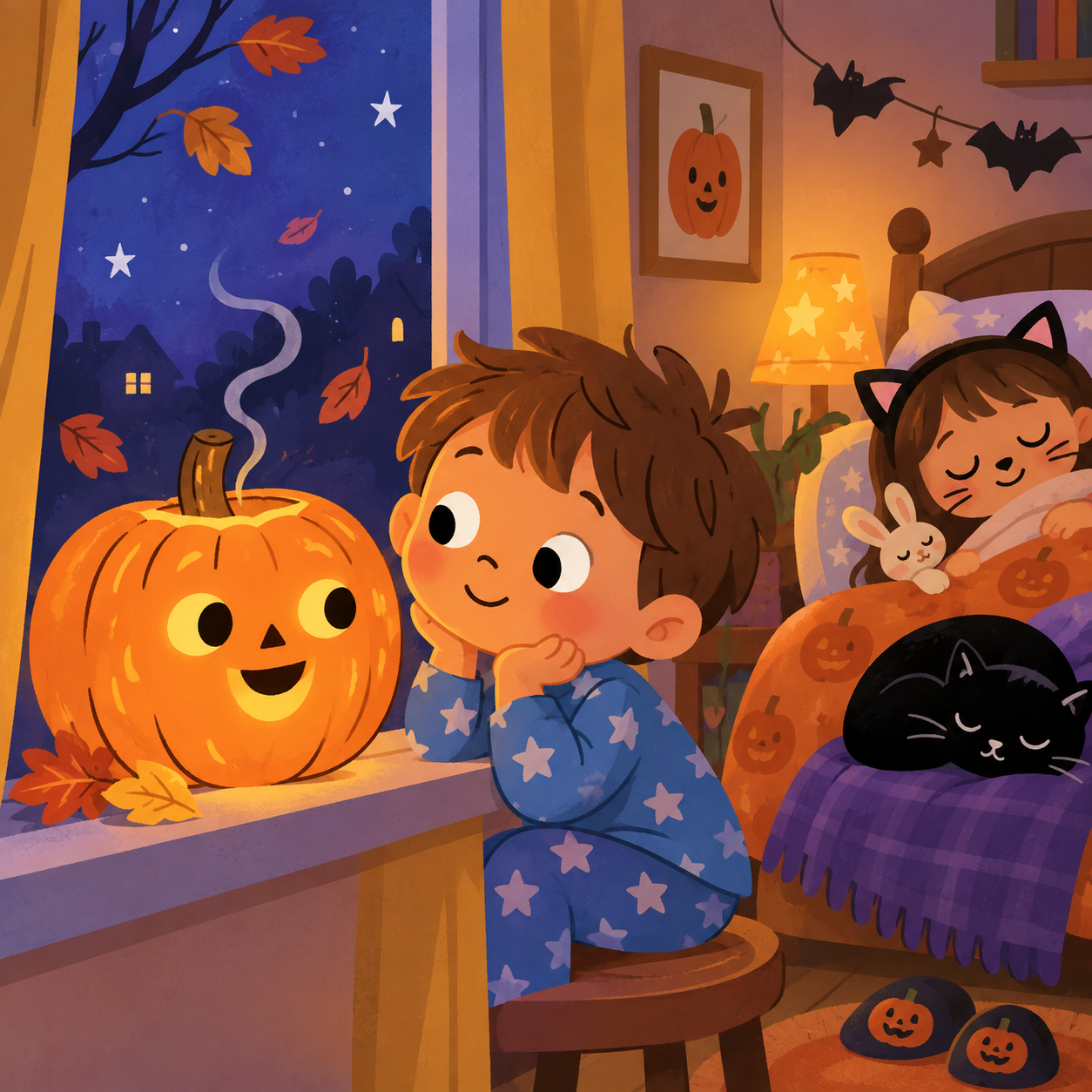 Ollie sits beside Tappy the pumpkin at bedtime while Suzy and Shushu sleep nearby.
