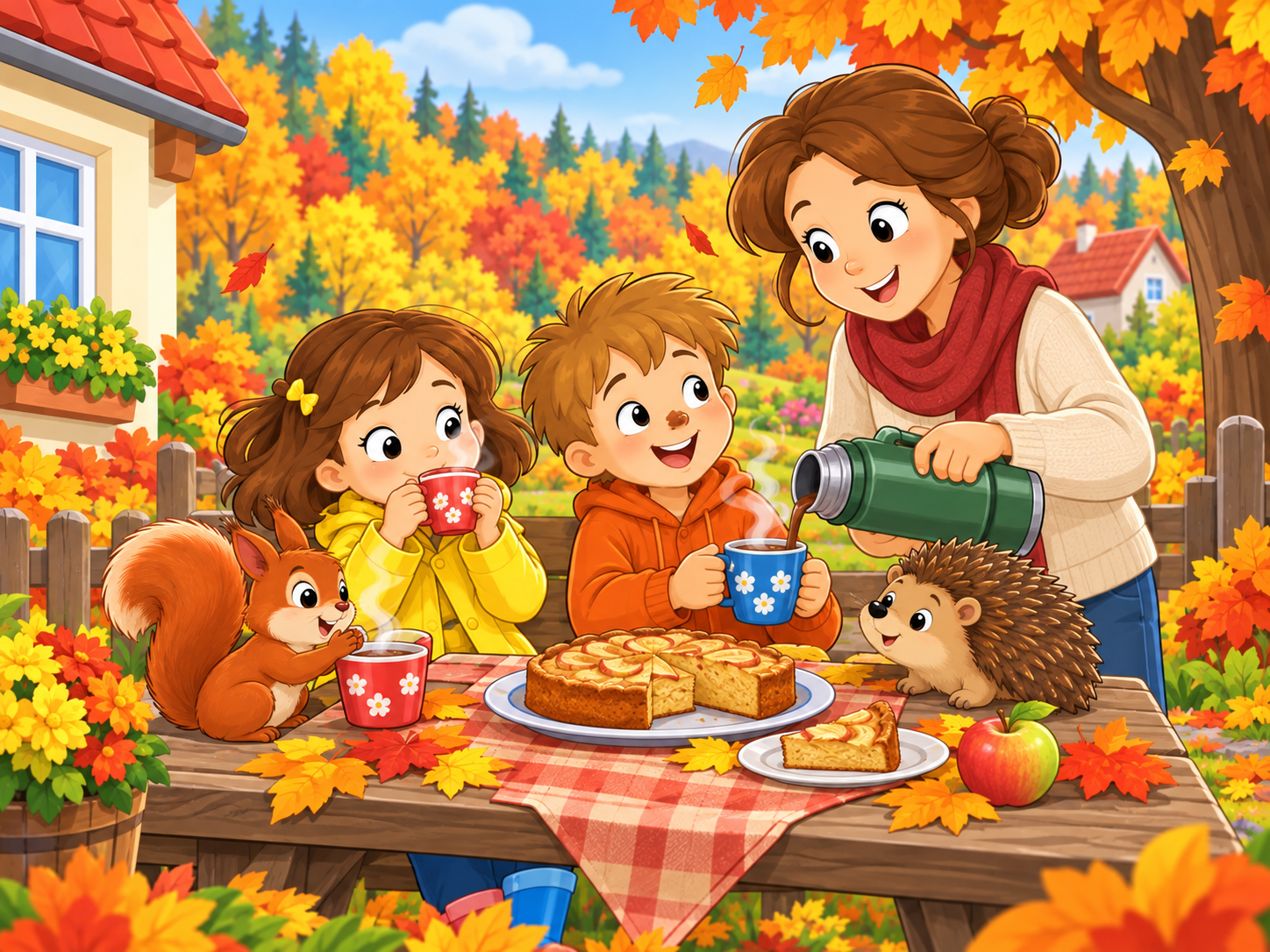 Nina's mother brings warm cocoa and apple cake to the autumn yard.