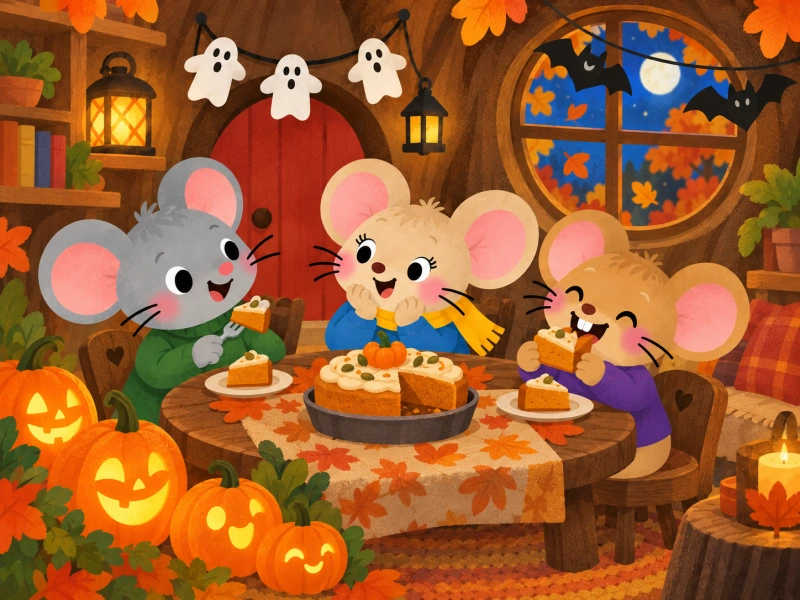 Milo, Pippa, and Nibbles enjoy pumpkin cake in their cozy Halloween house