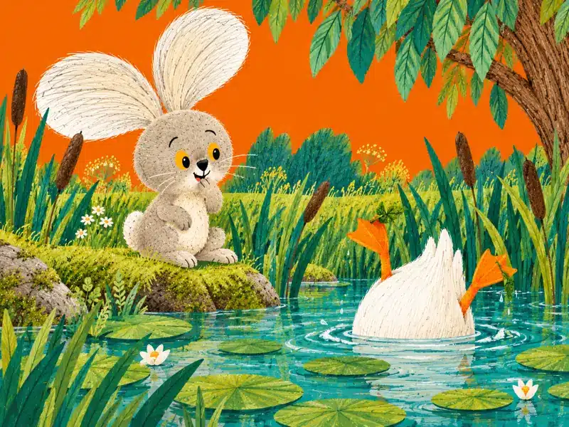 A duck tips upside down in the pond to find water plants while Zajo laughs on the bank.