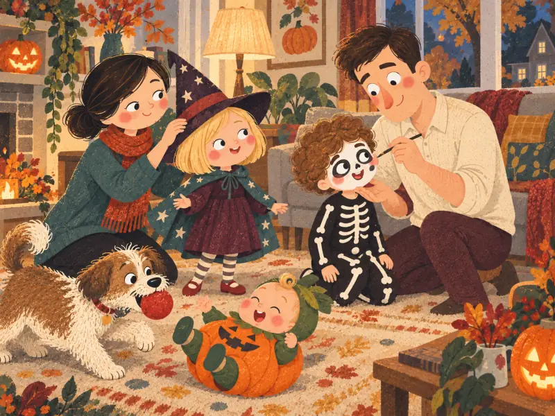 The family getting ready for Halloween with Brian, Mia and baby Sammy in their costumes