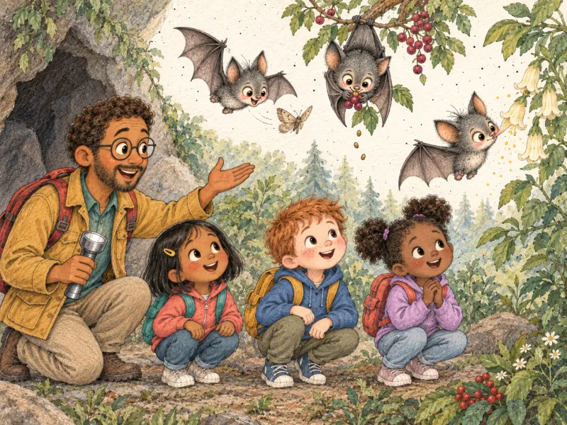The children watch bats eat an insect and berries and drink nectar from a flower.