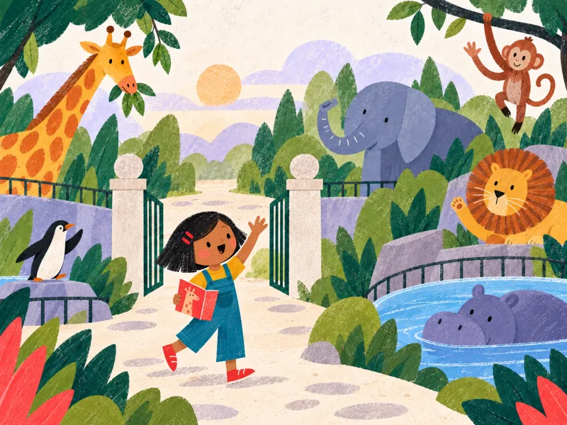 Mia se despide de la jirafa, el elefante, el león, el mono, el pingüino y el hipopótamo en el zoológico.