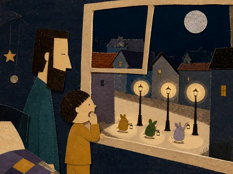 All three streetlamps glow as Theo gives a sleepy yawn.