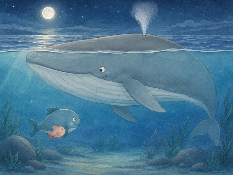 The whale takes a slow breath at the moonlit surface.