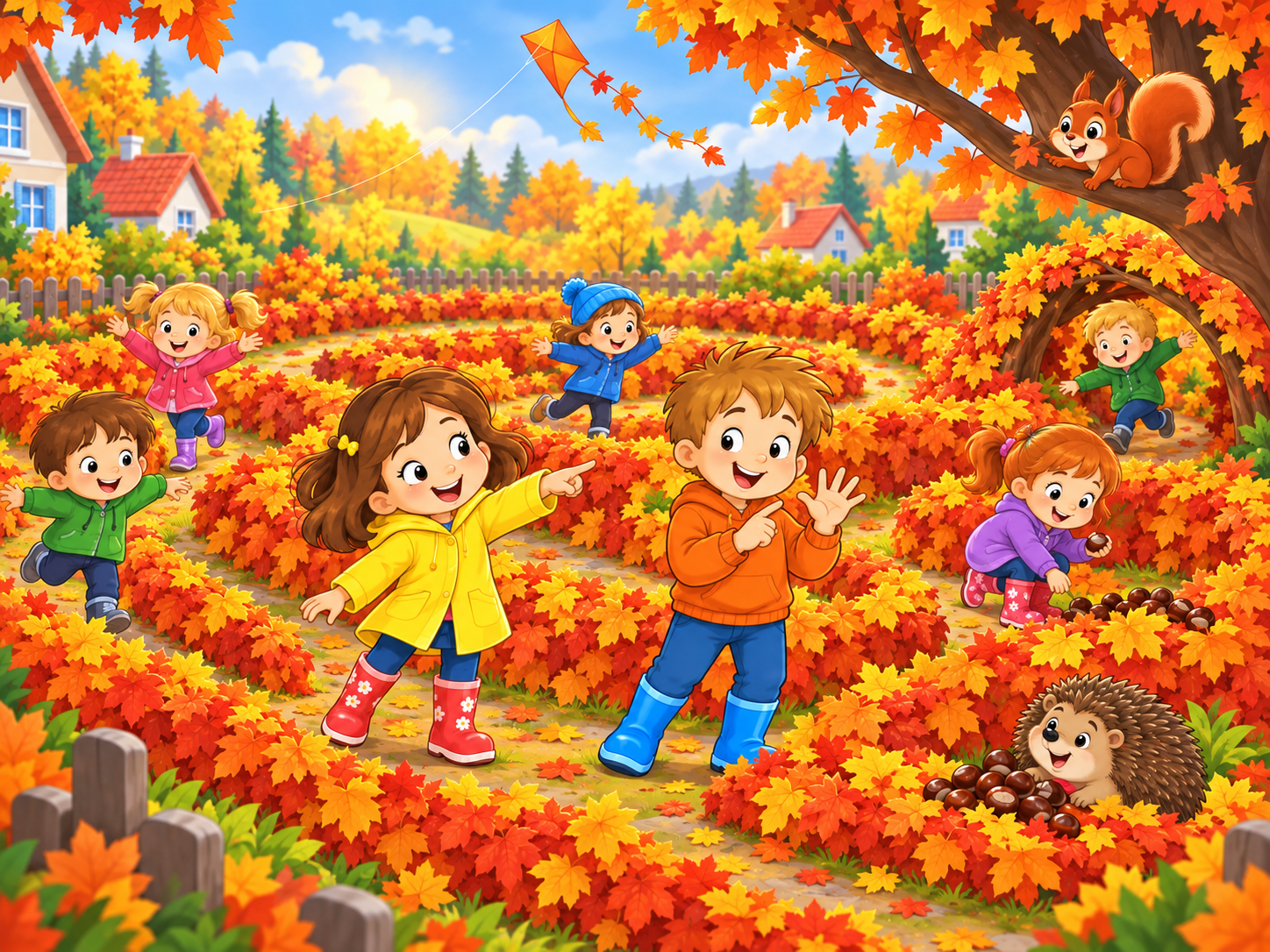 More children join Nina and Timo in a big maze made of raked leaves.