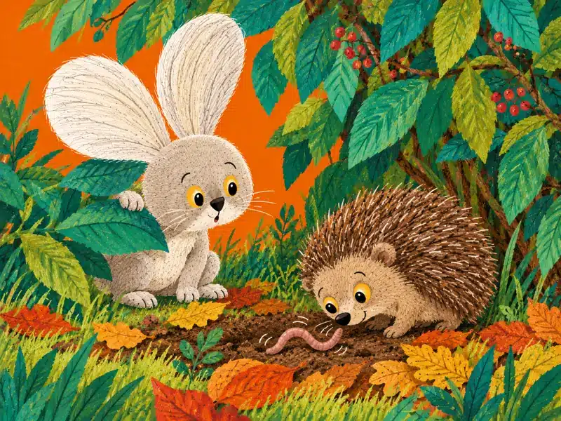 Hedgehog finds a wiggly worm beneath the hedge as Zajo watches curiously.