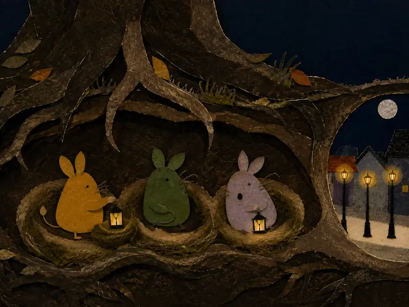 The tired Little Lamplings put away their lanterns and yawn beneath the tree.