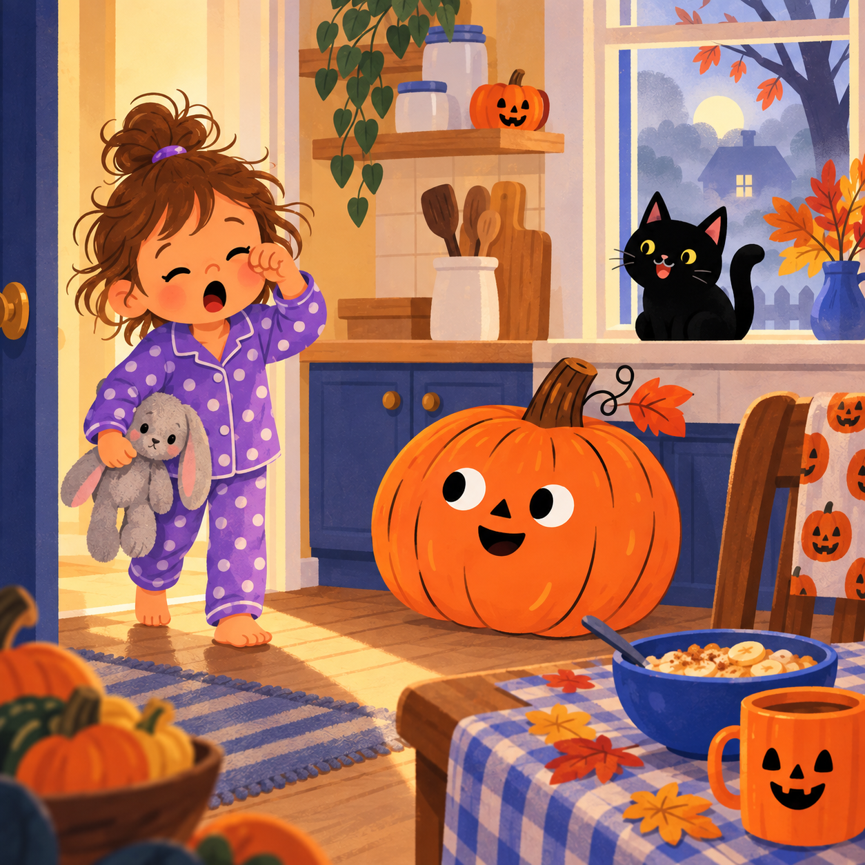 Suzy entra en la cocina de Halloween con su pijama de lunares mientras Shushu mira desde el alféizar y Tappy espera cerca.