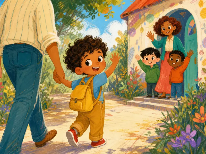 Milo walks home happily, remembering his wonderful first day at preschool.
