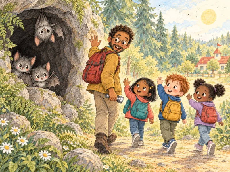Mr. Robbie, Mia, Theo and Nora wave goodbye to the bats as they leave the cave in sunshine.