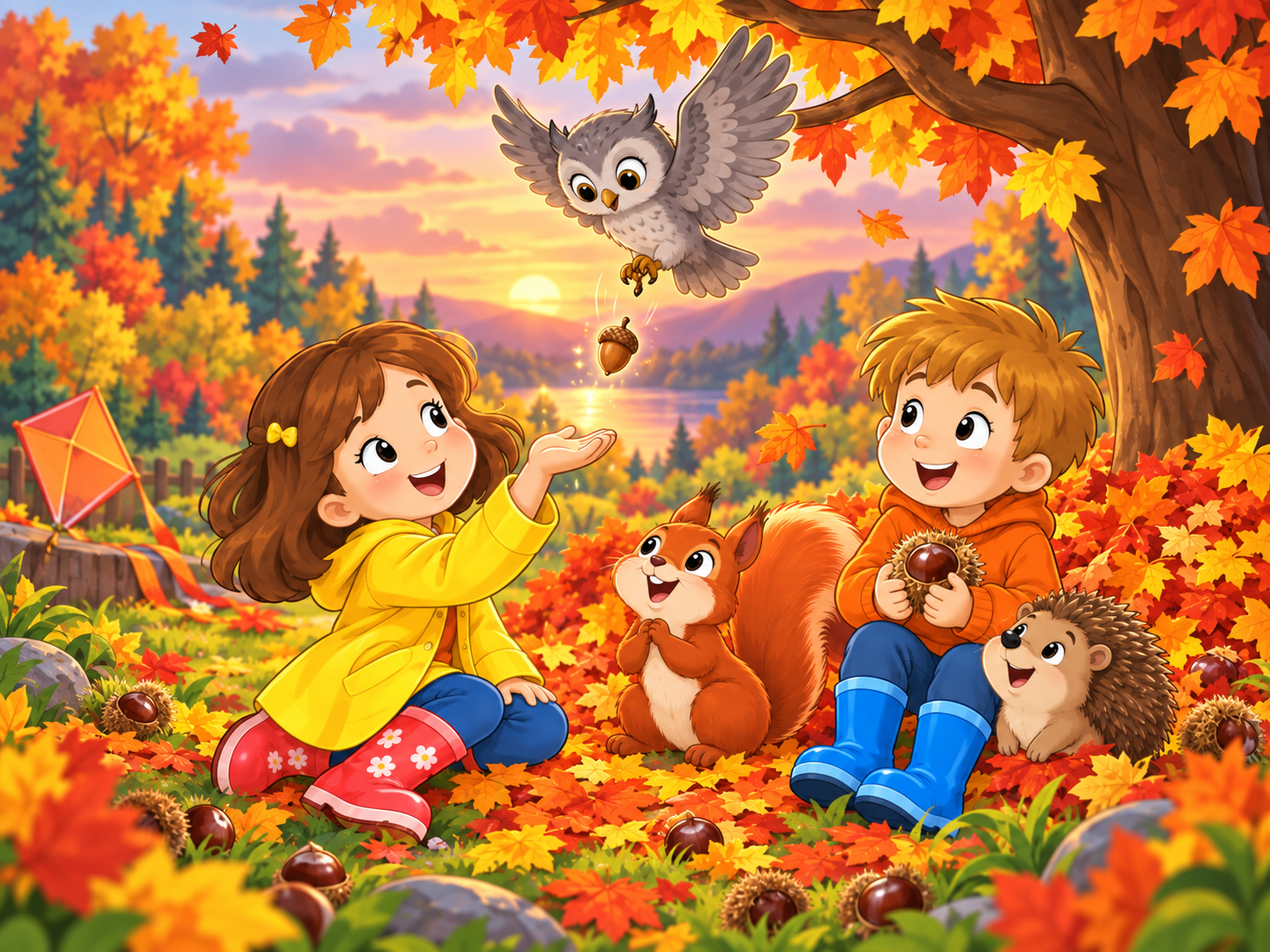 A gray owl drops a perfect acorn into Nina's hand at sunset.