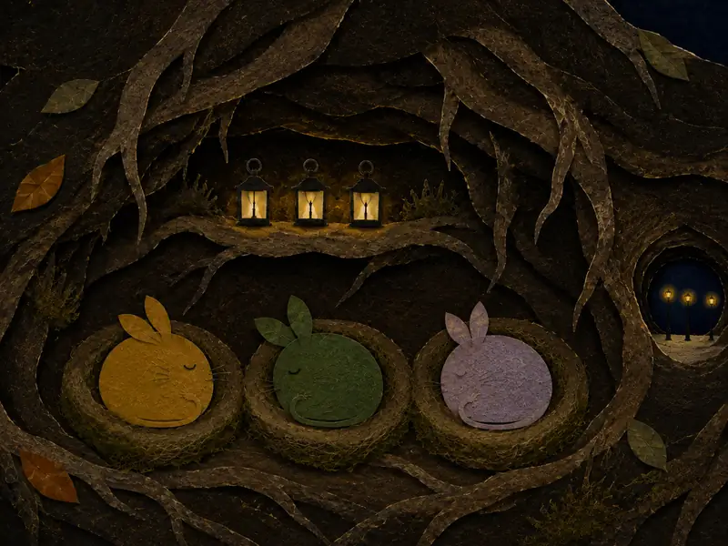 The three Little Lamplings sleep safely in their mossy beds under the roots.