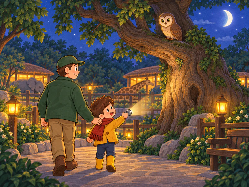 A calm owl stays awake in the old tree and watches over the zoo.