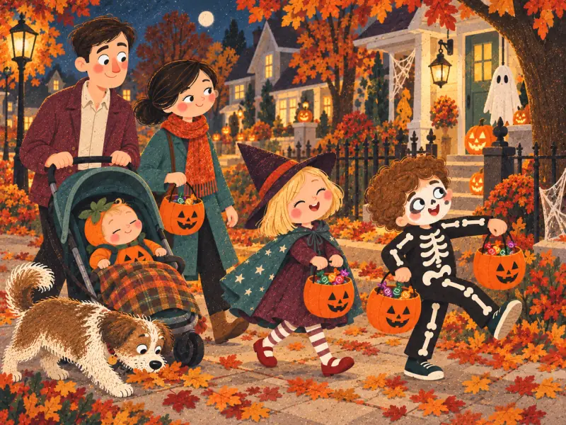 Brian doing a funny skeleton walk while Mia laughs and Sammy sleeps in the stroller