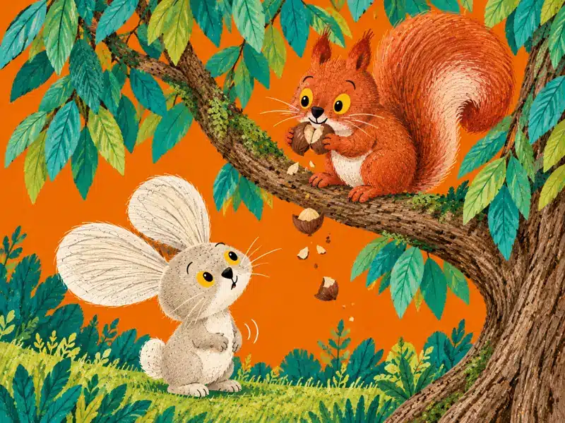 Squirrel cracks a nut on a low branch while hungry Zajo listens to his tummy rumble.
