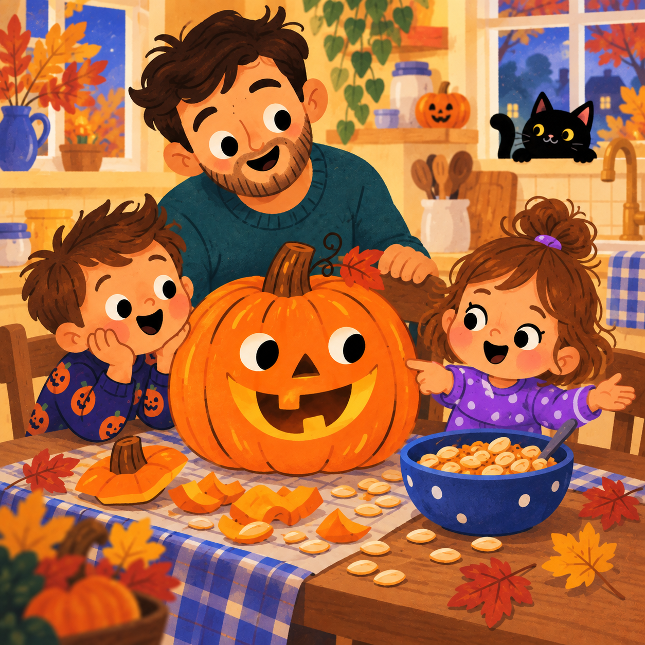 Ollie y Suzy le ponen orgullosos el nombre de Tappy a la calabaza tallada en la mesa de la cocina mientras papá sonríe cerca.