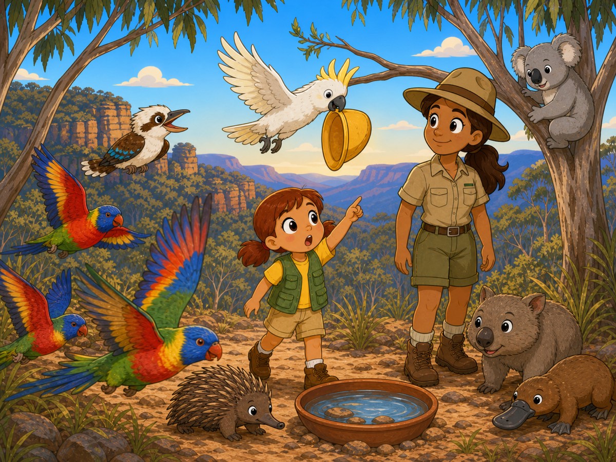 A white cockatoo flies away with Tilly's yellow hat as rainbow-coloured birds gather at the water bowl.