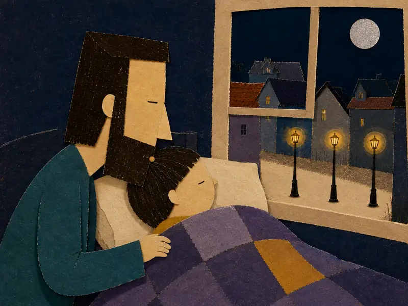 Daddy tucks Theo into bed and kisses his forehead.