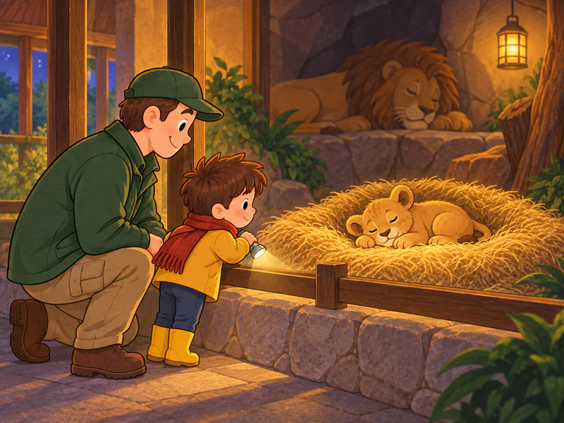 The little lion cub finally falls asleep in his soft straw bed.
