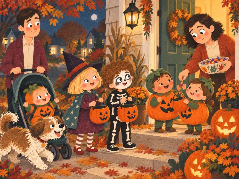 Baby Sammy meeting two other small children dressed as pumpkins during trick-or-treating